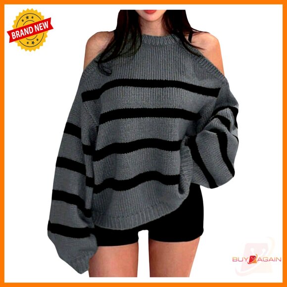 Sweaters - Oversized Striped Pullover Sweater Cold Shoulder Crew Neck Knit Top Preppy Chic